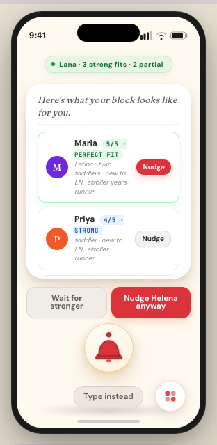 Lana app screen showing three strong nearby mom fits and nudge actions