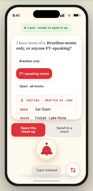 Lana app screen drafting a Brazilian coffee invite for nearby moms