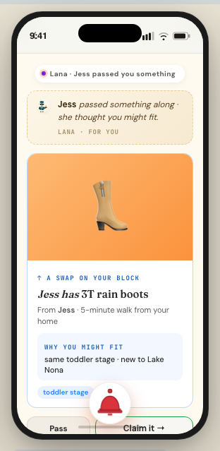 Lana app screen showing a pass-along rain boots offer from a nearby mom