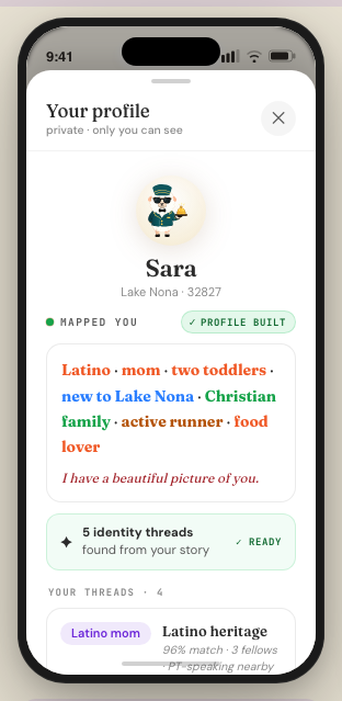 Lana app profile screen showing private memory and identity threads
